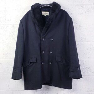 Vintage Double Breasted Wool Peacoat Black Faux Fur Collar Men's Size 50